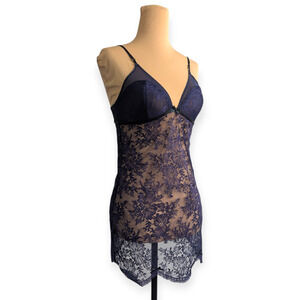 Victoria's Secret Sz Sheer Navy Lace Negligee ~ Stretchy sleep lingerie slip